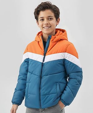 Pine Kids Full Sleeves Cut & Sew Medium Winter Hooded Jacket - Blue & Orange