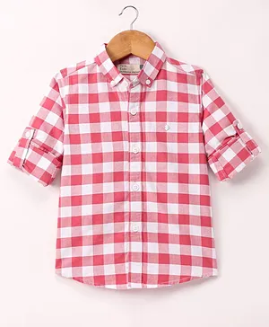 Jash Kids Cotton Woven Full Sleeves Checkered Shirt - Carrot Red