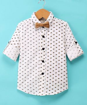 JASH KIDS Cotton Full Sleeves Printed Party Shirt with Bow - White