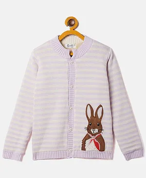 JWAAQ Full Sleeves Striped Pattern & Bunny Face Embroidered Fur Lined Sweater - Pink