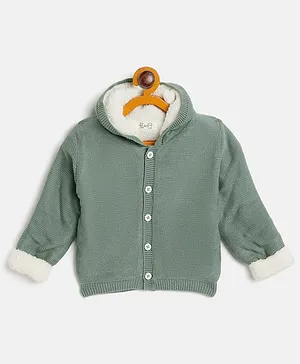 JWAAQ Unisex Full Sleeves Fur Lined Hooded Sweater - Green
