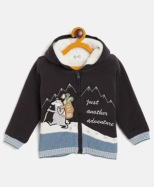 JWAAQ Unisex Full Sleeves Traveller Theme Polar Bear Embroidered Fur Lined Hooded Sweater - Dark Grey