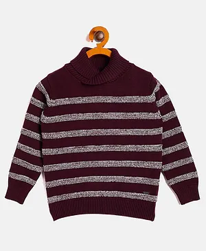 JWAAQ Full Sleeves Rugby Striped Pattern Designed Fur Lined Sweater - Wine Purple