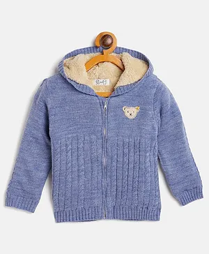 JWAAQ  Unisex Full Sleeves Animal Face Patch Detailed Hooded Sweater With Fur Lined -Blue