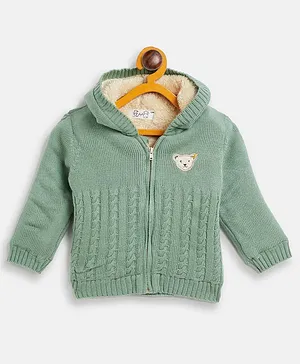 JWAAQ  Unisex Full Sleeves Animal Face Patch Detailed Hooded Sweater With Fur Lined -  Green