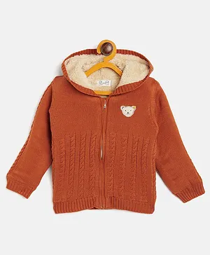 JWAAQ  Unisex Full Sleeves Animal Face Patch Detailed Hooded Sweater With Fur Lined -Rust Orange