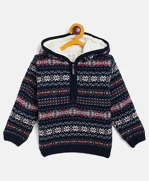 JWAAQ Full Sleeves Abstract Designed Hooded Sweater With Fur Lined -Navy Blue