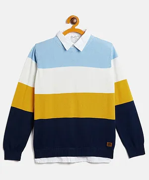 JWAAQ  Full Sleeves Colour Blocked Mock Shirt Style Sweater - Multi Colour