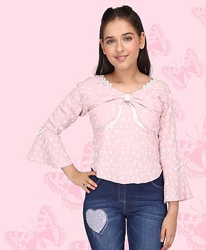 Cutecumber Bell Full Sleeves Floral Printed & Lace Embellished Top - Peach