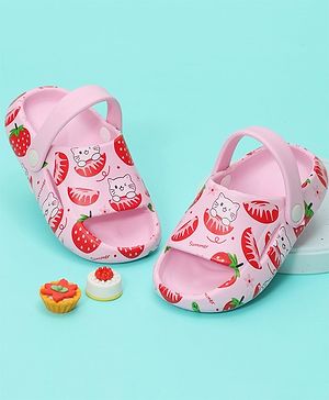 Yellow Bee Strawberry & Cat Printed Slingback Sandals - Pink & Red