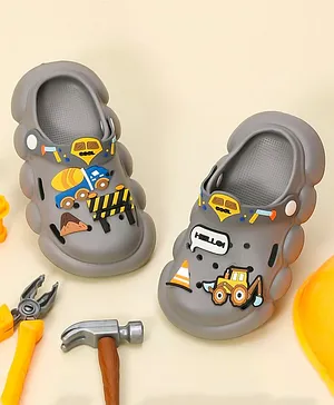 Yellow Bee  Tractor and Truck Applique Detailed Slingback Clogs - Grey