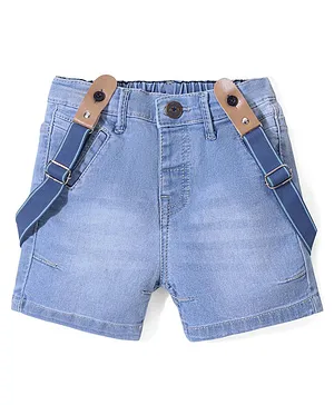 Babyhug Cotton Spandex Washed Denim Stretchable Shorts with Suspender - Blue