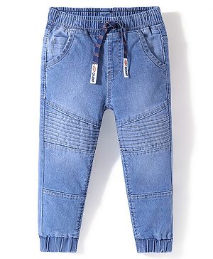 Babyhug Cotton Spandex Denim Full Length Washed Jogger With Stretch Solid Colour - Blue