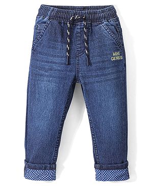 Babyhug Cotton Spandex Full Length Solid Colour Stretchable Jeans with Draw Cord - Blue
