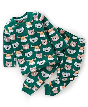 Babyhug Cotton Knit Full Sleeves Night Suit With Animals Print -  Green