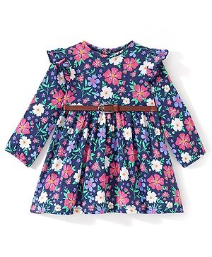 Babyhug Single Jersey Full Sleeves Frock with Floral Print - Navy Blue