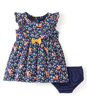 Babyhug 100% Cotton Knit Sleeveless Frock & Bloomer With Floral Print  - Navy Blue