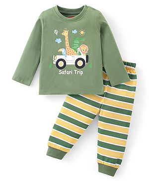Babyhug Cotton Knit Full Sleeves Night Suit With Animals Print  - Green