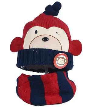 Kidofash Monkey Designed Winter Cap With Muffler -Red