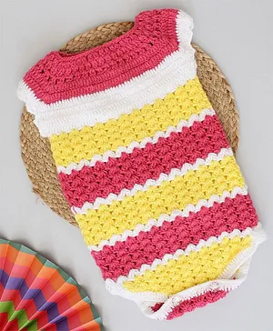 Woonie Cap Sleeves Colour Blocked & Crochet Striped Onesie - Pink