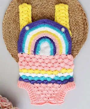 Woonie Sleeveless Rainbow Designe Crochet Onesie - Peach