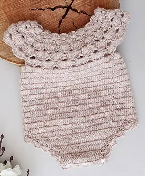 Woonie Cap Sleeves Woven Design Detailed Solid Crochet Onesie - Beige