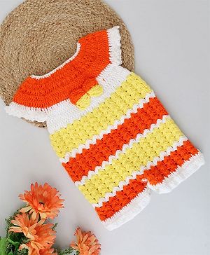 Woonie Cap Sleeves Striped Pattern Detailed Criochet Romper - Orange