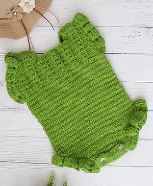 Woonie Sleevleess Frill Detailed Crochet Onesie - Green