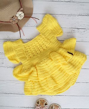 Woonie Cap Sleeves Frill Detailed Layered Crochet Onesie - Yellow