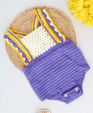 Woonie Sleeveless  Cross Back Crochet Detailed Onesie -Purple