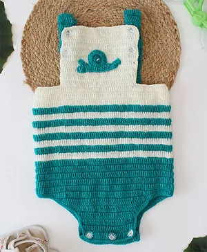 Woonie Sleeveless Snail Detailed & Striped Crochet Onesie - Green