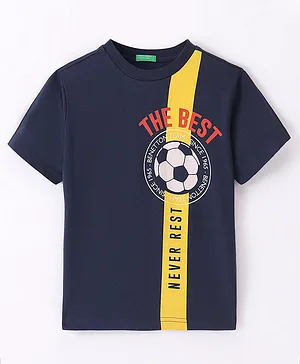 UCB Knitted Half Sleeves T-Shirt Football Print - Navy Blue & Yellow