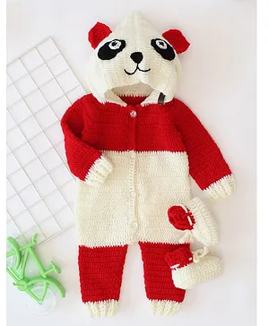 Woonie Full Sleeves Panda Hooded Crochet Romper With Matching Boots - Red