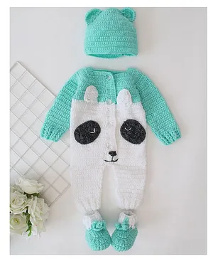 Woonie Full Sleeves Panda Face Detailed Coordinating Crochet Romper Set - Green