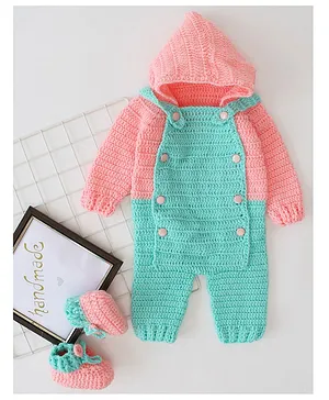 Woonie Colour Blocked Crochet Hooded Romper With Booties - Green & Peach