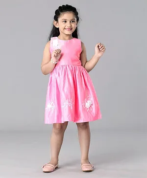 Enfance Core Sleeveless Flower Applique Detailed & Leaf Embroidered Party Dress - Light Pink