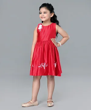 Enfance Core Sleeveless Flower Applique Detailed & Leaf Embroidered Party Dress - Red