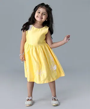 Enfance Core Sleeveless Flower Applique Detailed & Leaf Embroidered Party Dress - Yellow