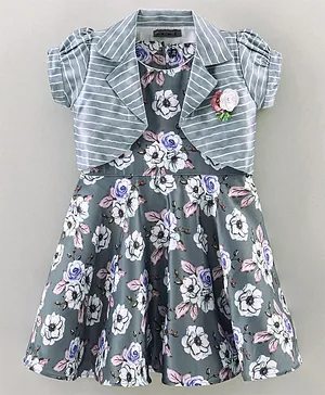 Enfance Core Short Puffed Sleeves Flower Applique Detailed & Striped Shrug With Floral Printed Fit & Flare Dress - Grey