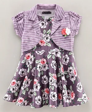 Enfance Core Short Puffed Sleeves Flower Applique Detailed & Striped Shrug With Floral Printed Fit & Flare Dress - Purple