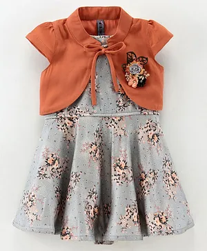 Enfance Core Cap Sleeves Flower Applique Detailed Shrug With Floral Printed Fit & Flare Dress - Brown