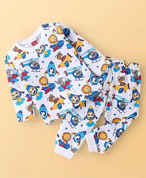 Babyhug Cotton Knit Full Sleeves Animal Print Pyjama Set - White
