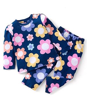 Babyhug Cotton Knit Full Sleeves Floral Printed Night Suit - Navy Blue