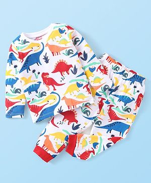 Babyhug Cotton Knit Full Sleeves Night Suit With Dino Print - White