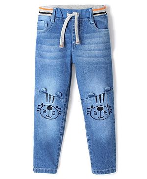 Babyhug Full Length Joggers With Stretch  & Bear Face Embroidered - Blue