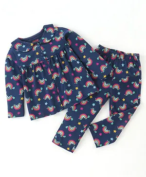 Babyhug Cotton Knit Full Sleeves Rainbow Printed Front Open Night Suit - Blue