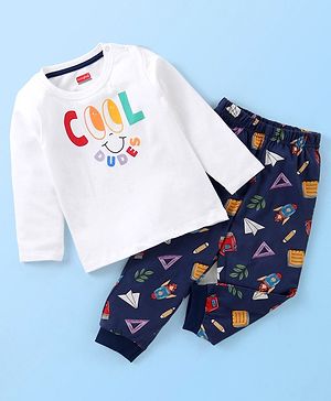 Babyhug Cotton Knit Full Sleeves Night Suit With Text Print - White & Navy Blue