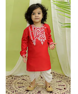 BownBee Full Sleeves Paisley Embroidered Bangali Style Kurta & Dhoti - Red