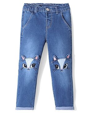 Babyhug Cotton Spandex Full Length Washed Stretchable Jeans with Kitty Applique - Blue