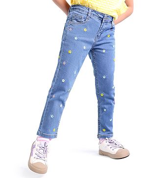 Babyhug Denim Full Length Jeans with Floral Embroidery with Stretch - Blue